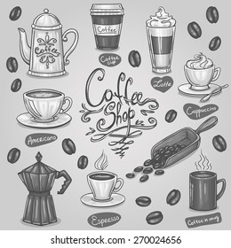 conjunto de doodles de café dibujado a mano