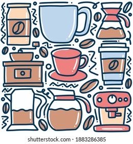 conjunto de doodle de bebida de café extraído a mano con iconos y elementos de diseño