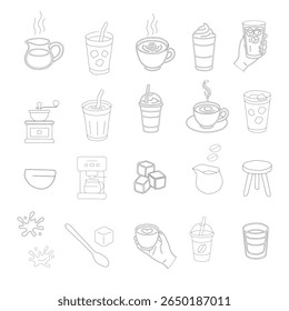 Hand Drawn Coffee Drink Vector Set. A curated collection of hand-drawn coffee illustrations. Modern coffee vector set featuring various drinks. Minimalist hand-drawn coffee vector set.