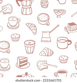 Hand drawn coffee drinks and desserts seamless pattern