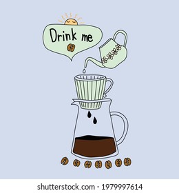Hand drawn coffee drip on soft blue background for good morning concept. Vector illustration in doodle art style 