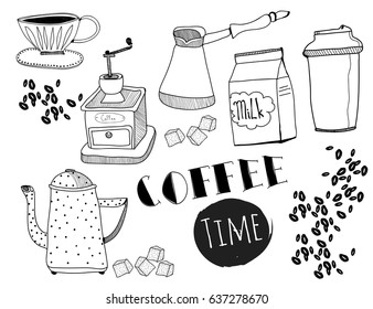 Hand drawn coffee elements. Graphic vector set