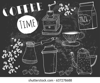 Hand drawn coffee elements. Graphic vector set. Chalk style. Black background