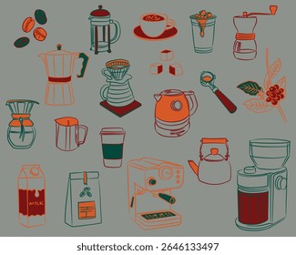 Hand Drawn Coffee Elements. Coffee icons, vector illustration. Various coffee doodles