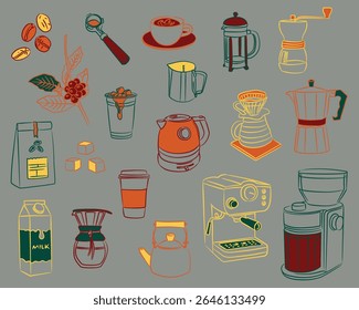 Hand Drawn Coffee Elements. Coffee icons, vector illustration. Various coffee doodles