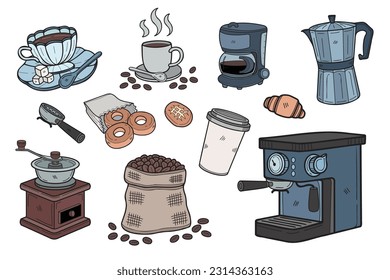 Hand Drawn coffee equipment collection in flat style illustration for business ideas isolated on background