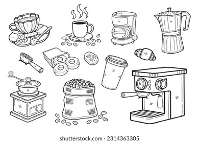 Hand Drawn coffee equipment collection in flat style illustration for business ideas isolated on background