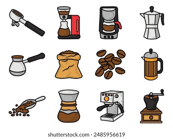 Handgezeichnetes Kaffeezubehör farbiges Set