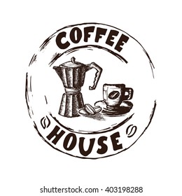 Hand Drawn Coffee Espresso  And Coffee Maker Vector Illustration. Coffee Espresso And Coffee Maker Vintage Logo.