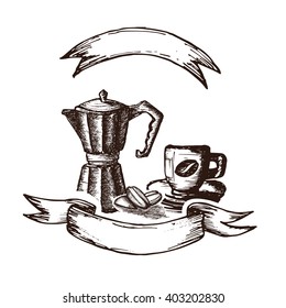 Hand Drawn Coffee Espresso And Coffee Maker Vector Illustration. Coffee Espresso And Coffee Maker Vintage Logo.