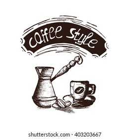 Hand Drawn Coffee Espresso And Coffee Maker Vector Illustration. Coffee Espresso And Coffee Maker Vintage Logo.