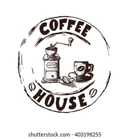 Hand Drawn Coffee Espresso And Coffee Mill Vector Illustration. Coffee Espresso And Coffee Mill Vintage Logo.