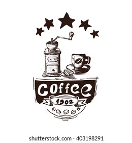 Hand Drawn Coffee Espresso And Coffee Mill Vector Illustration. Coffee Espresso And Coffee Mill Vintage Logo.