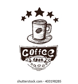 Hand Drawn Coffee Espresso Vector Illustration. Coffee Espresso Vintage Logo.
