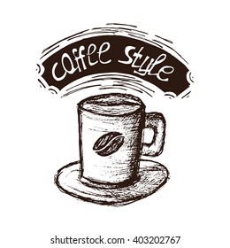 Hand Drawn Coffee Espresso Vector Illustration. Coffee Espresso Vintage Logo.