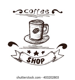 Hand Drawn Coffee Espresso Vector Illustration. Coffee Espresso Vintage Logo.