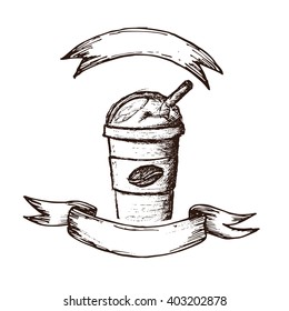 Hand Drawn Coffee Frappe Vector Illustration. Coffee Frappe Vintage Logo.