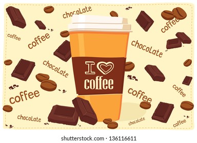 Hand drawn coffee to go cup with coffee beans, chocolate, spices and hand drawn text lettering. All elements are separate. Vector Illustration. EPS 10