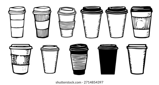 Café desenhado à mão para ir, desenho de doodle isolado no branco. Xícara de retirada com tampa. Desenho de linha em preto e branco.