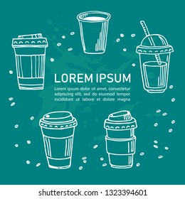 Hand drawn coffee coffee to go set with text frame isolated on blue background. Doodle style. Template for cafe menu, leaflets, posters or cooking book. Vector illustration.