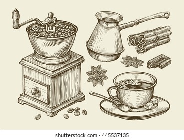 Hand drawn coffee grinder, cup, beans, star anise, cinnamon, chocolate, cezve, drink. Sketch vector illustration