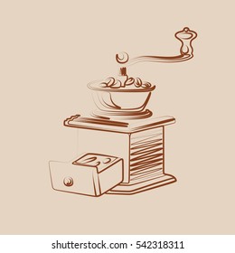 Hand drawn coffee grinder, gold, vector