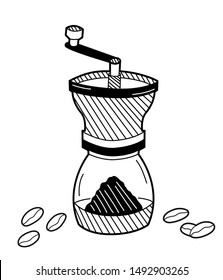 Hand drawn coffee grinder isolated on a white. Sketch. Coffee concept. Vector illustration.
