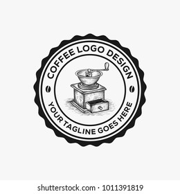 Hand drawn coffee grinder logo design inspiration, vintage coffee emblem isolated on white background