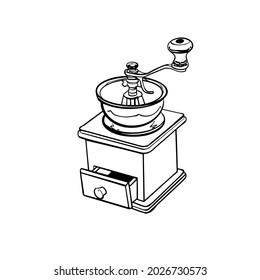 Handgezeichnete Kaffeemaschine manuelle Schwarz-Weiß-Zeichnung mit Linien-Kunst auf weißem Hintergrund.