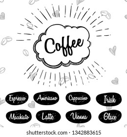hand drawn of coffee handwriting in bubble speech and coffee menu on white background