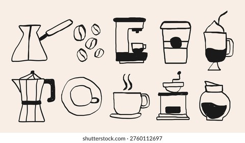 Hand Drawn Coffee Icon Set; Minimalist Black Ink Doodle Illustrations of Coffee Machine, Beans, Moka Pot, Grinder, and To-Go Cup Isolated on Cream Background.