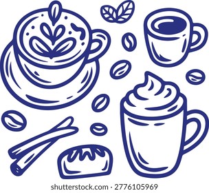 Hand Drawn Coffee Icons Set with Latte Art, Espresso, Cappuccino, Coffee Beans, and Cinnamon Sticks