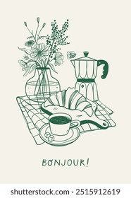 Hand drawn coffee illustration with aesthetic quote. Retro Kitchen wall art. Food Poster template.