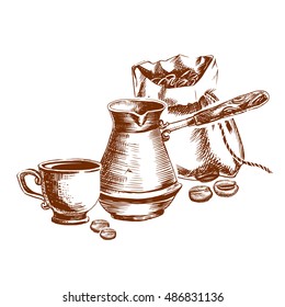 Hand drawn coffee illustration with beans and cezve and cup, sketch.