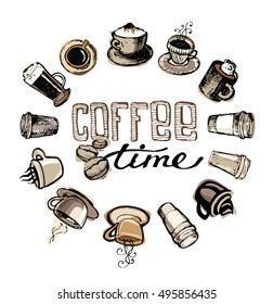 Hand drawn coffee illustration with cup and mug. Vector illustration.