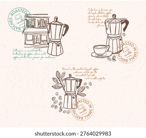 Hand drawn coffee illustration set with moka pot, cup, beans and plants. Vintage style line art for cafe design, packaging, menu and branding.