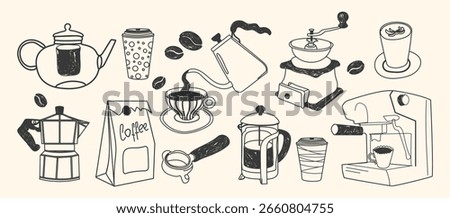 Hand drawn coffee illustrations in chalk and crayon style. Minimalist vector line art perfect for menus, invitations, packaging, and social media. Perfect for La Dolce Vita–themed designs.