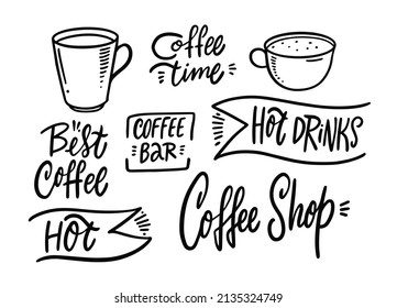 Guión dibujado a mano caligrafía de las citas de café establecidas. Café y cintas de estilo vintage. Ilustración vectorial aislada en fondo blanco.