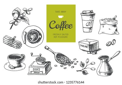 Hand Drawn Coffee Illustrations. Linear graphic detailed icons.