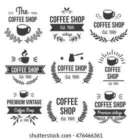 Hand drawn coffee label set with the coffee shop premium vintage est 1986 descriptions vector illustration