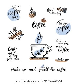 Hand drawn coffee lettering set. Vector sketch illustration and lettering sign with cup and desserts. Menu design for cafe and restaurant