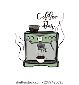 Hand drawn coffee machine. Equipment for cafes and restaurants. Coffee aesthetics. Doodle vector illustration. 
