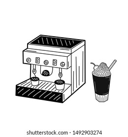 Hand drawn coffee machine with glass of coffee isolated on a white. Sketch. Coffee concept. Vector illustration.