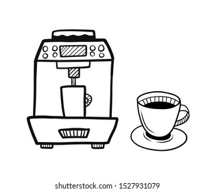 Hand drawn coffee machine with glass of coffee isolated on a white. Sketch. Coffee concept. Vector illustration.