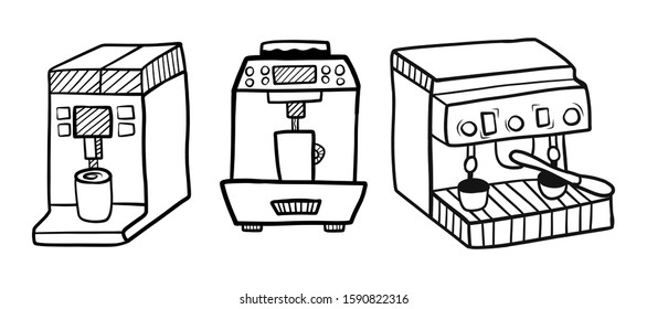 Hand drawn coffee machine set. Sketch. Coffee concept. Vector illustration.