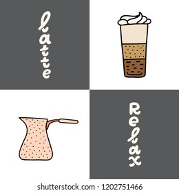 Hand drawn coffee maker, glass of latte, collection of coffee time symbols and handwritten phrases. Design elements for poster, card, leaflet. Vector illustration