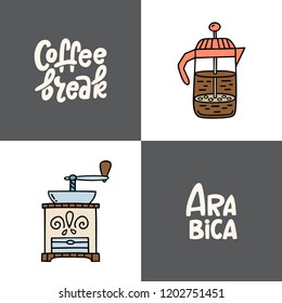 Hand drawn coffee maker, grinder, collection of coffee time symbols and handwritten phrases. Design elements for poster, card, leaflet. Vector illustration