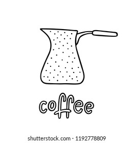 Hand drawn coffee maker with handwritten phrase Coffee. Can be used for coffee break poster, card, leaflet. Vector illustration