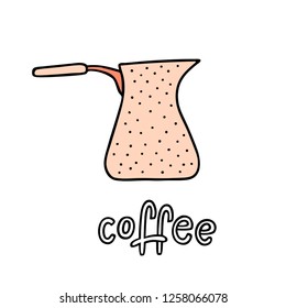 Hand drawn coffee maker with handwritten phrase Coffee. Can be used for coffee break poster, card, leaflet. Vector illustration