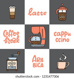 Hand drawn coffee maker, coffee machine, grinder, latte, cappucino. Collection of coffee time symbols and handwritten phrases. Design elements for poster, card, leaflet. Vector illustration